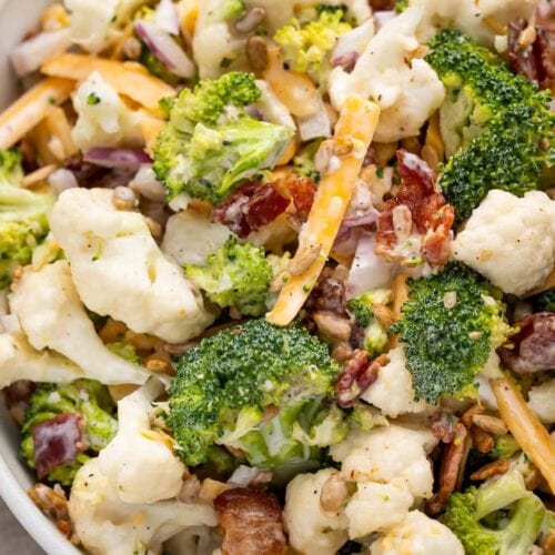 Close up of broccoli cauliflower salad