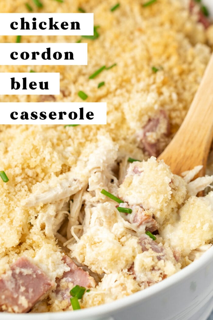 Pin graphic for chicken cordon bleu casserole