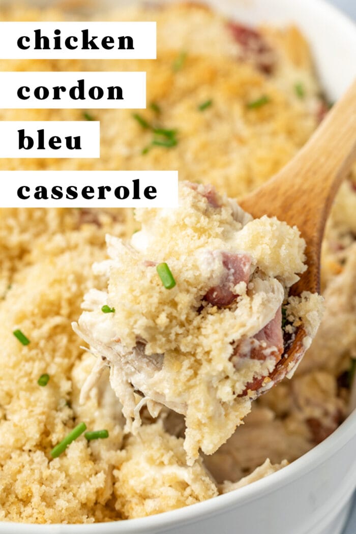 Pin graphic for chicken cordon bleu casserole