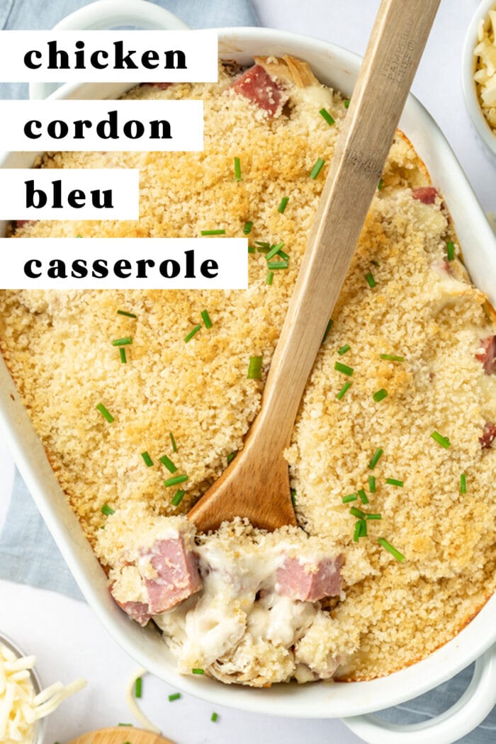 Pin graphic for chicken cordon bleu casserole