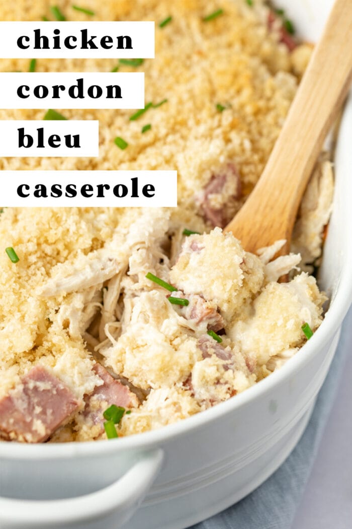 Pin graphic for chicken cordon bleu casserole