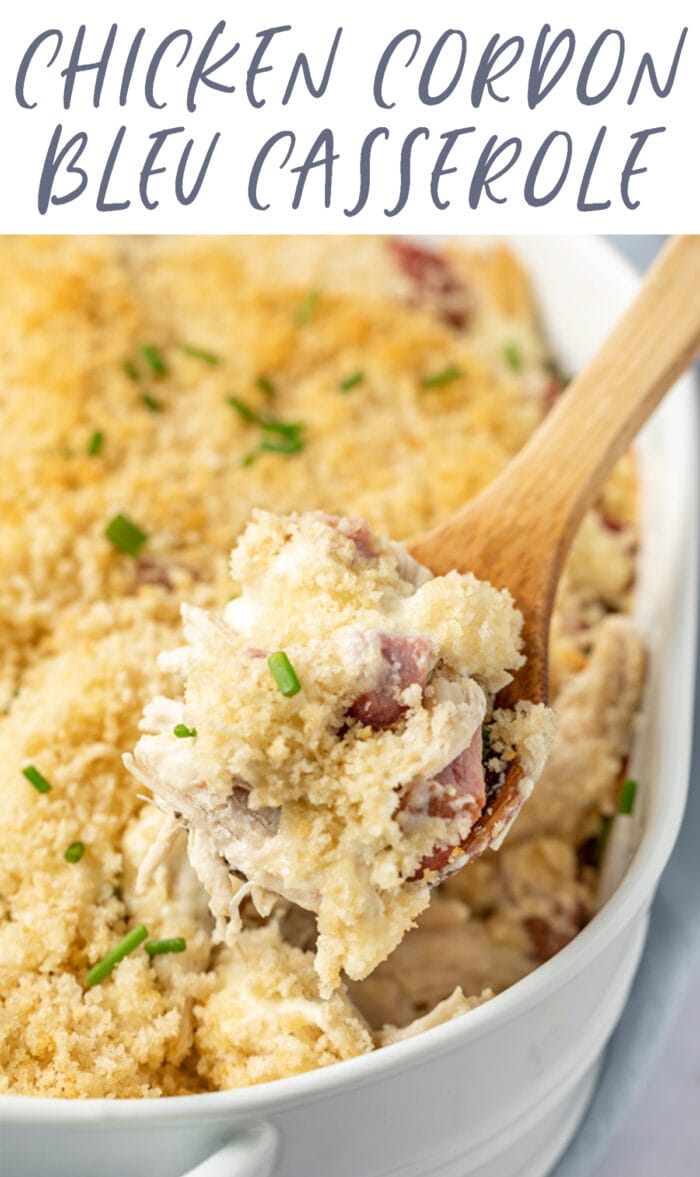 Pin graphic for chicken cordon bleu casserole