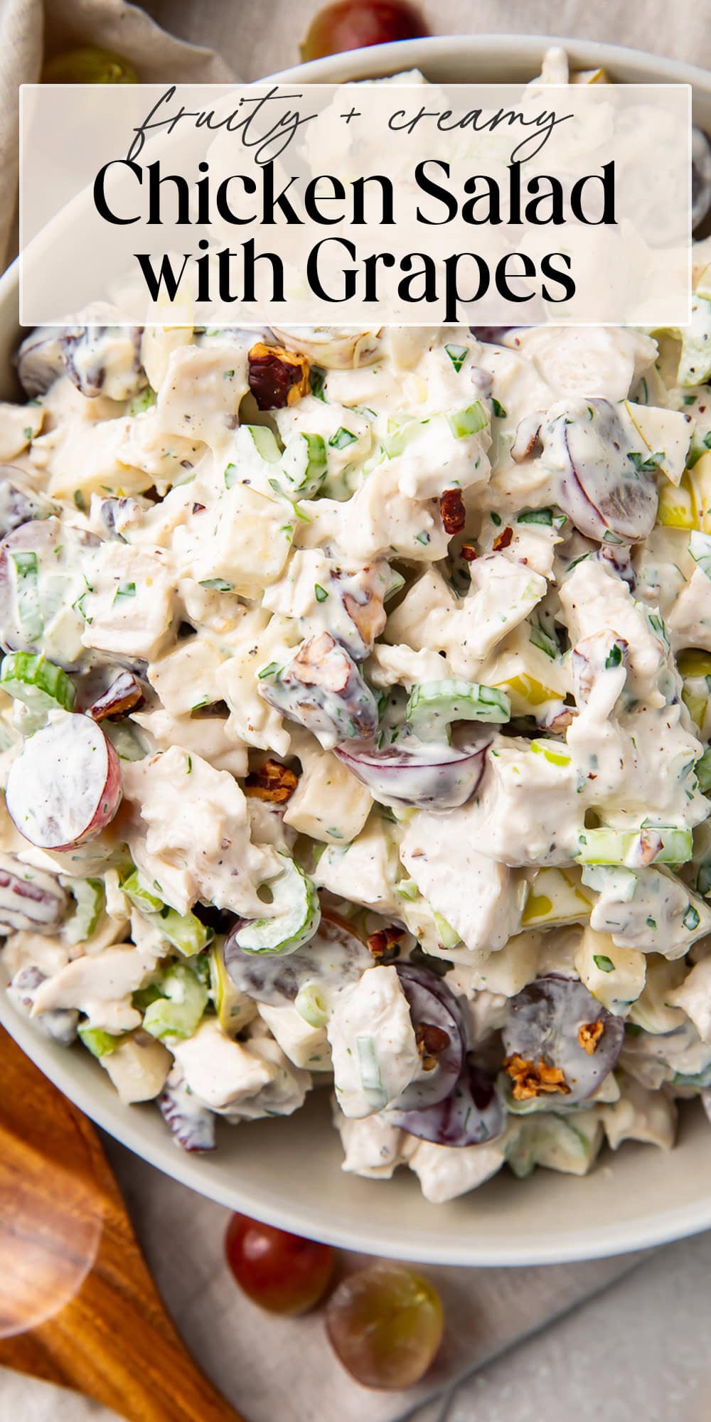 Pin graphic for chicken salad with grapes.