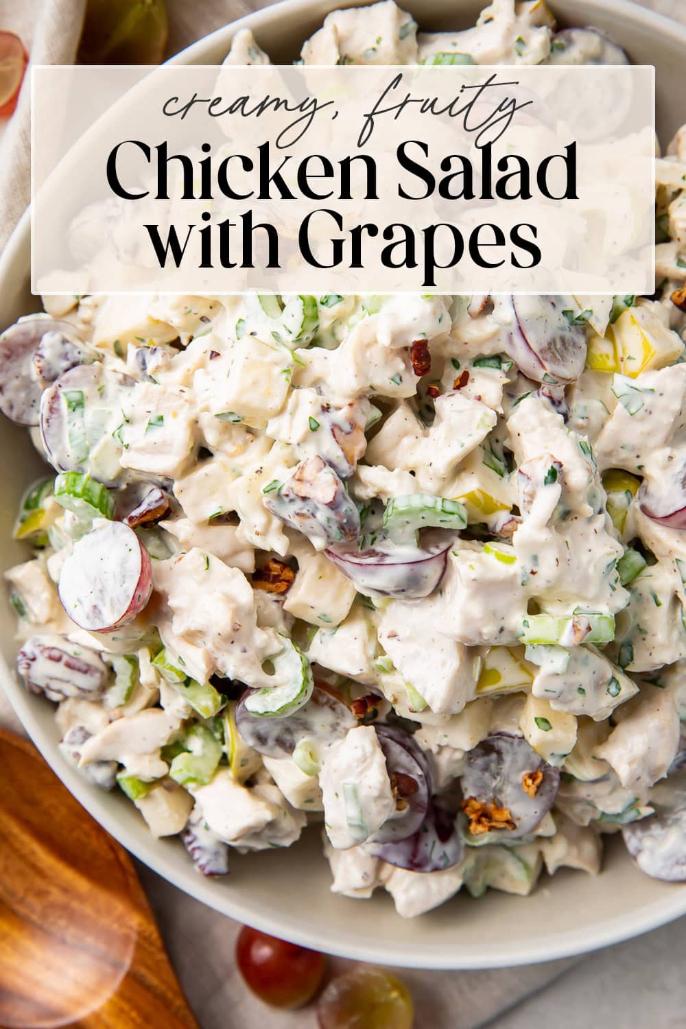 Pin graphic for chicken salad with grapes.