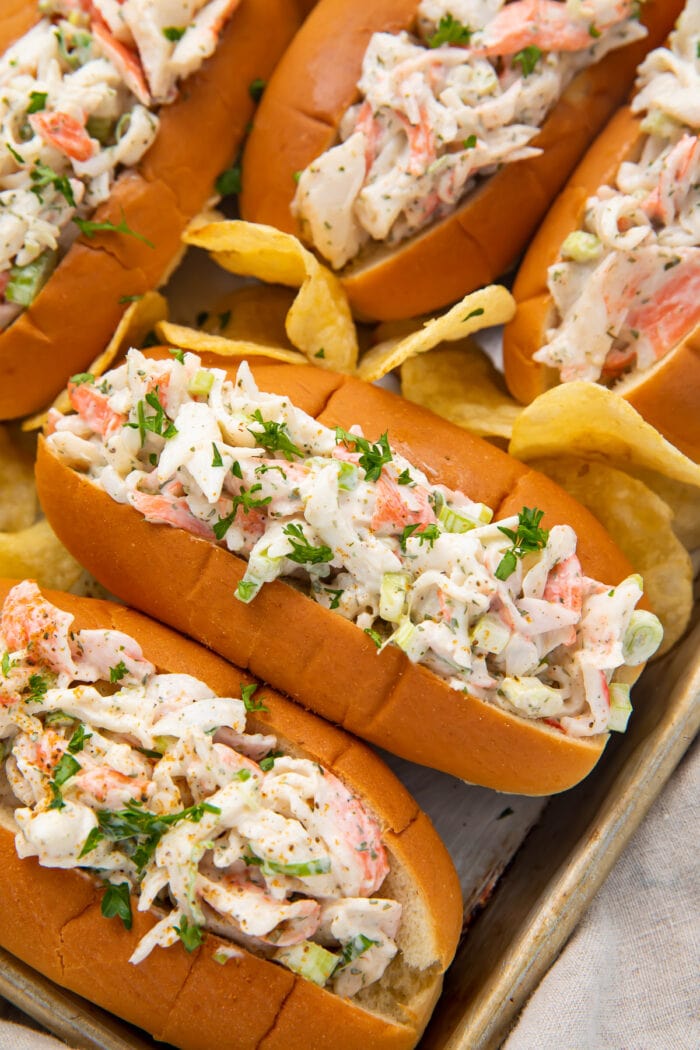 Crab salad in buns on a sheet pan