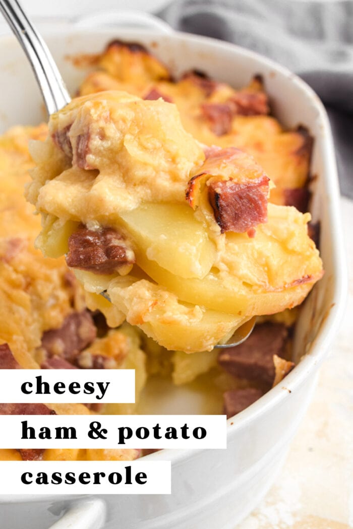 Pinterest graphic for cheesy ham and potato casserole