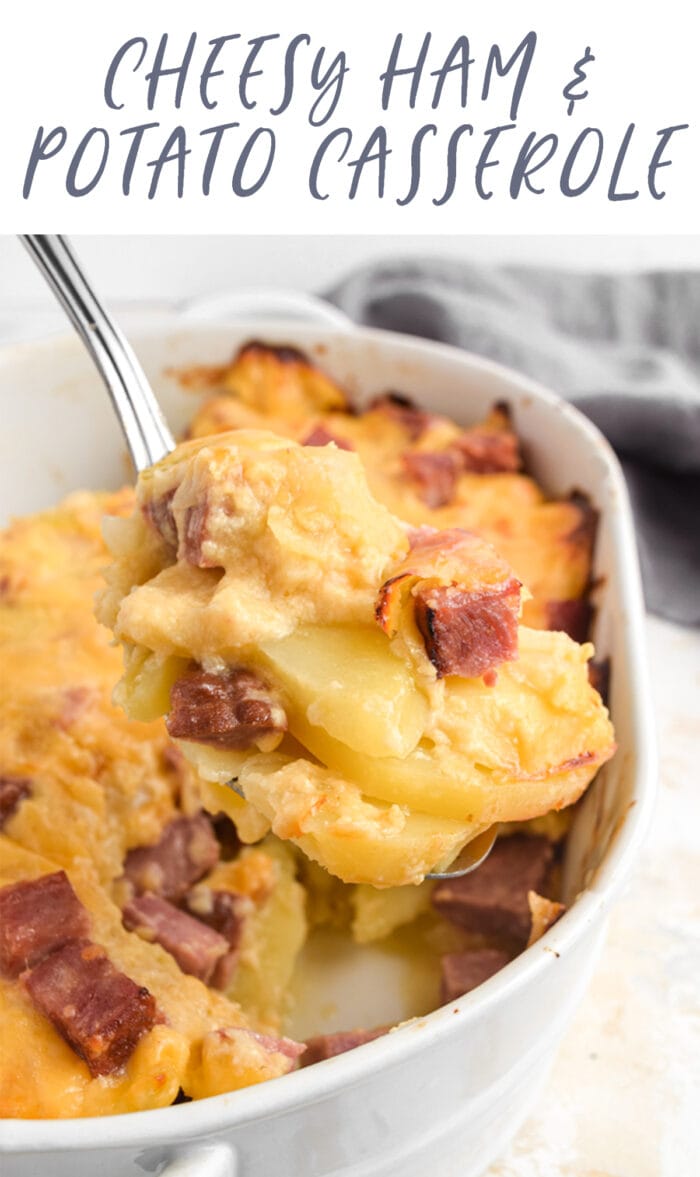 Pinterest graphic for cheesy ham and potato casserole