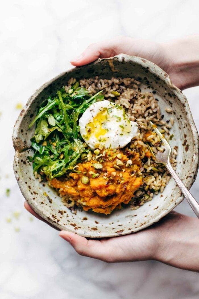 Healing grain bowl with a fried egg