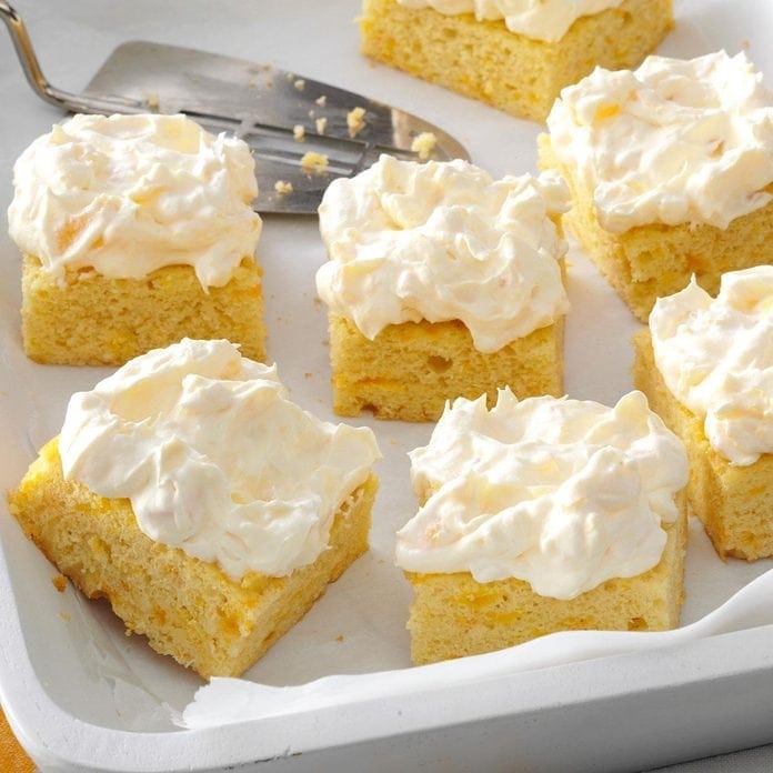 Pineapple orange cake cut into squares