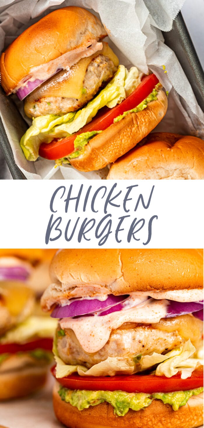 Pin graphic for chicken burgers with chipotle aioli