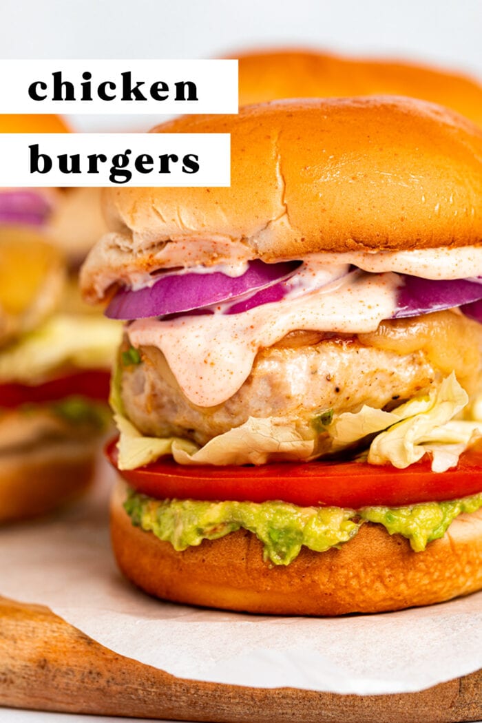 Pin graphic for chicken burgers with chipotle aioli