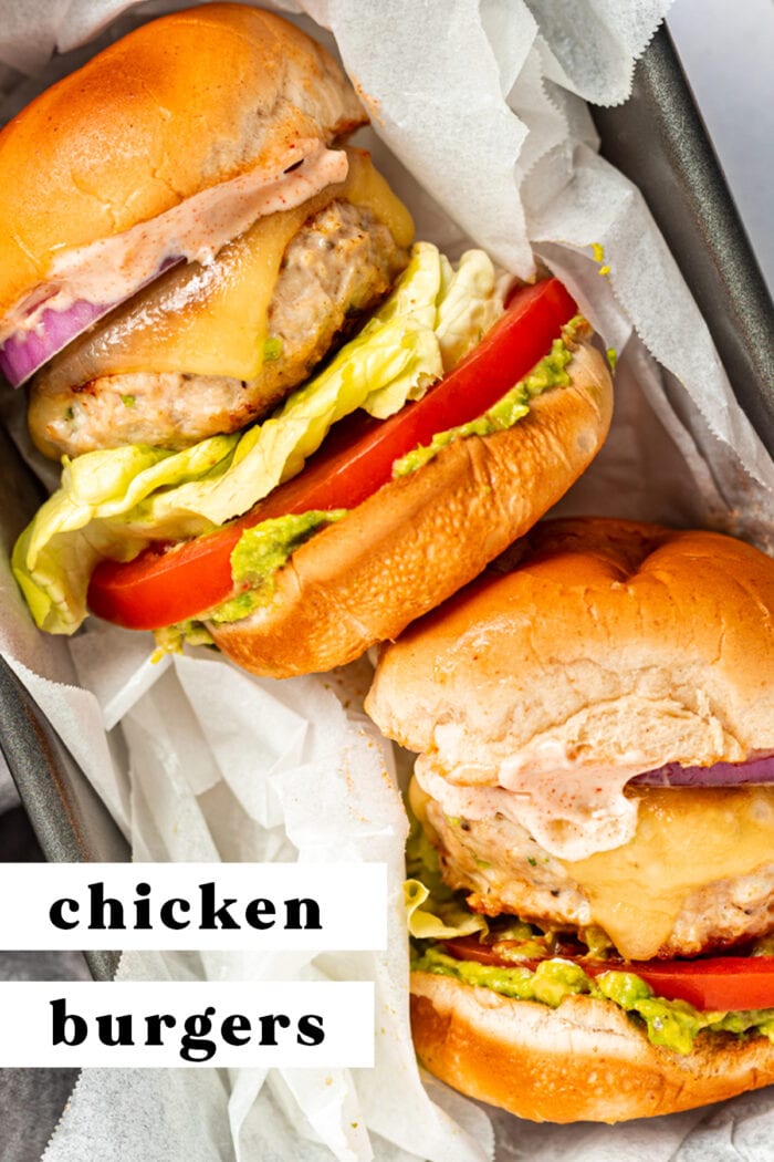 Pin graphic for chicken burgers with chipotle aioli