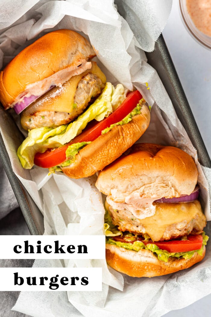 Pin graphic for chicken burgers with chipotle aioli