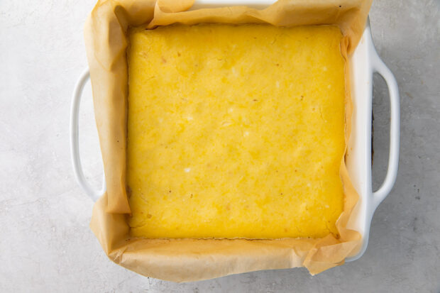 Keto lemon bars in a square baking dish