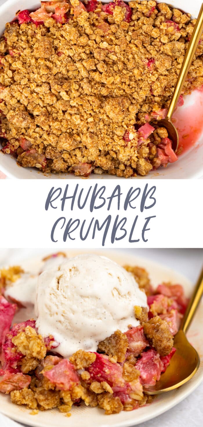 Pin graphic for rhubarb crumble