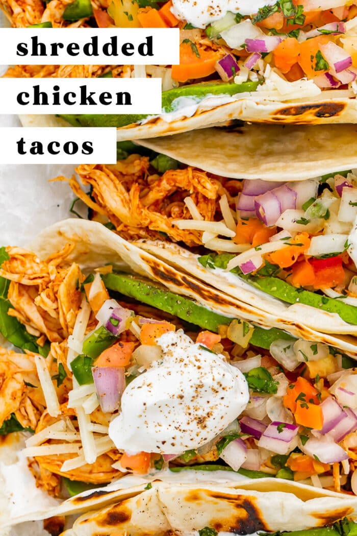 Pin graphic for shredded chicken tacos