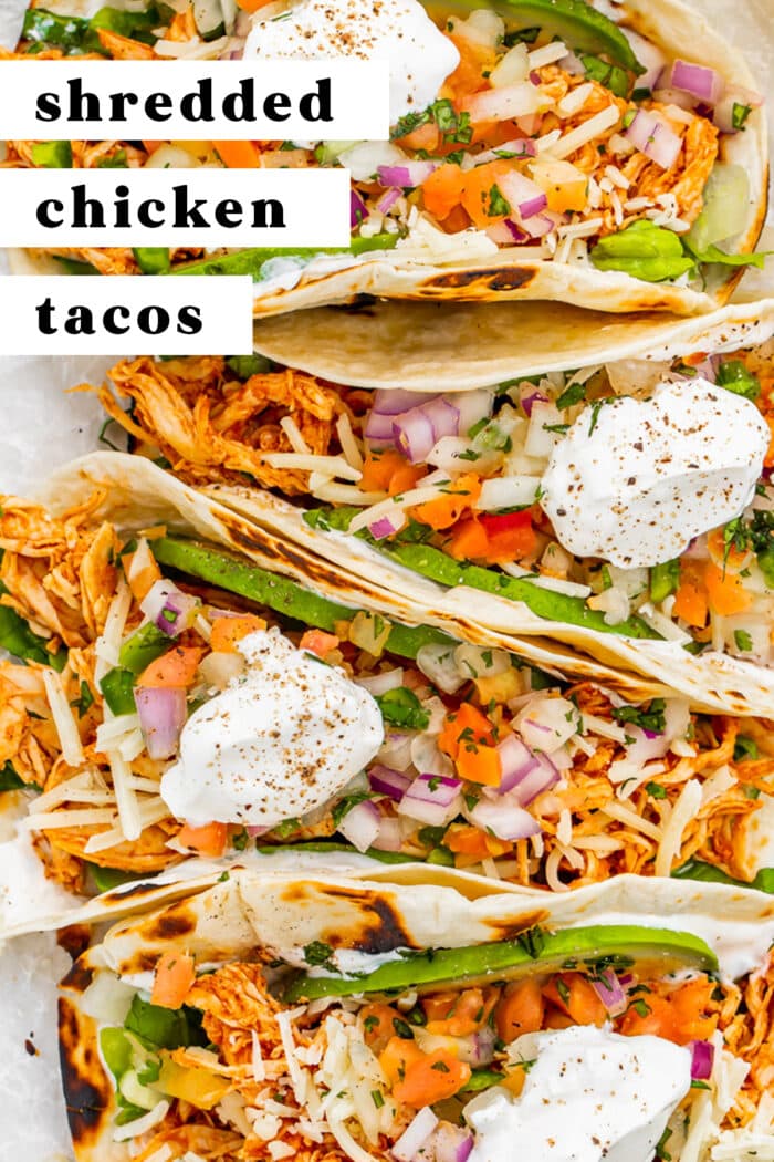 Pin graphic for shredded chicken tacos