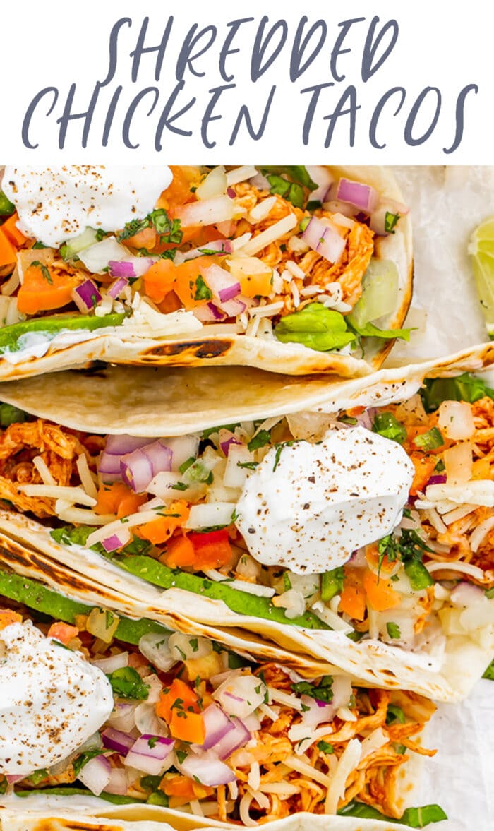 Pin graphic for shredded chicken tacos