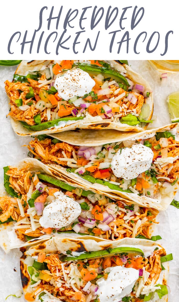 Pin graphic for shredded chicken tacos