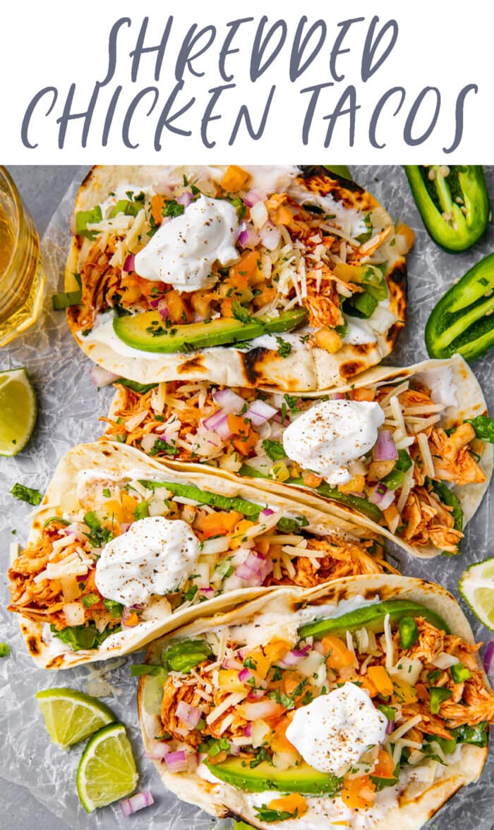 Pin graphic for shredded chicken tacos