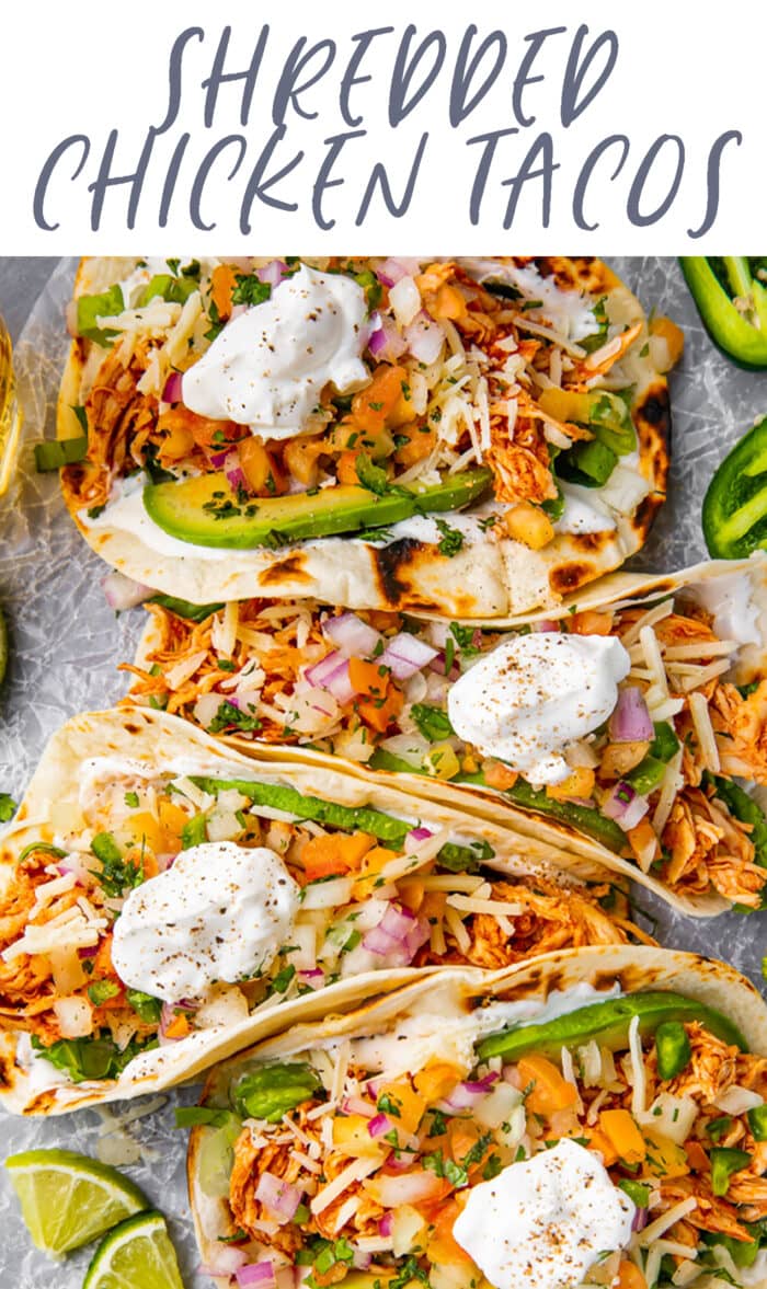 Pin graphic for shredded chicken tacos