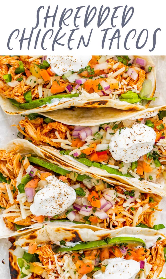 Pin graphic for shredded chicken tacos