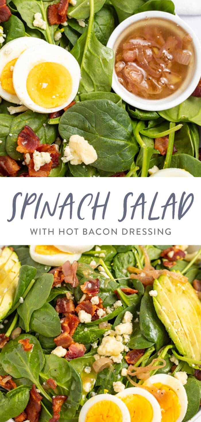 Pin graphic for spinach salad with hot bacon dressing