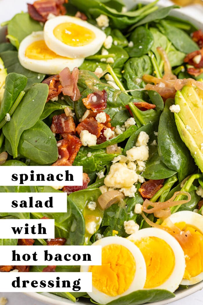 Pin graphic for spinach salad with hot bacon dressing