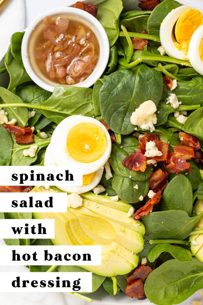 Pin graphic for spinach salad with hot bacon dressing