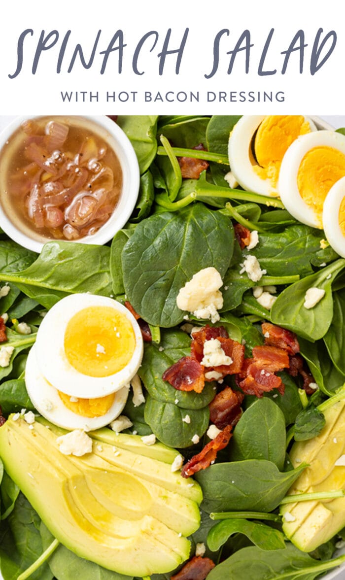 Pin graphic for spinach salad with hot bacon dressing