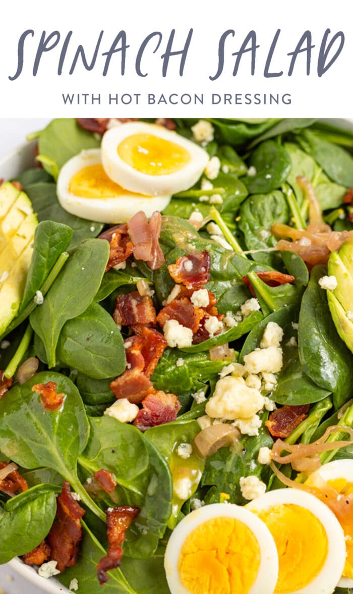 Pin graphic for spinach salad with hot bacon dressing