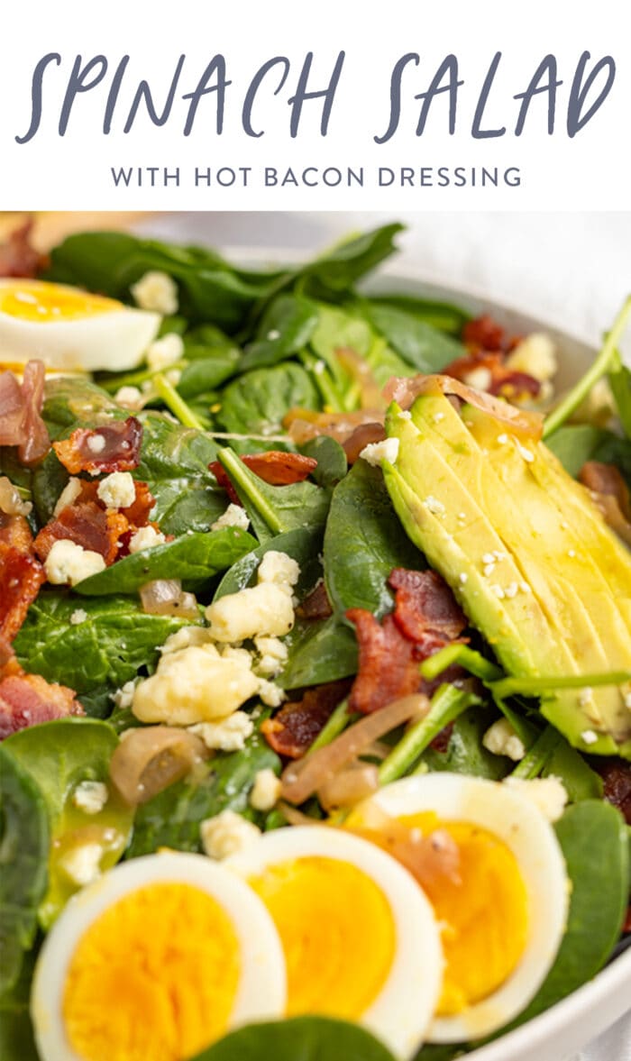 Pin graphic for spinach salad with hot bacon dressing