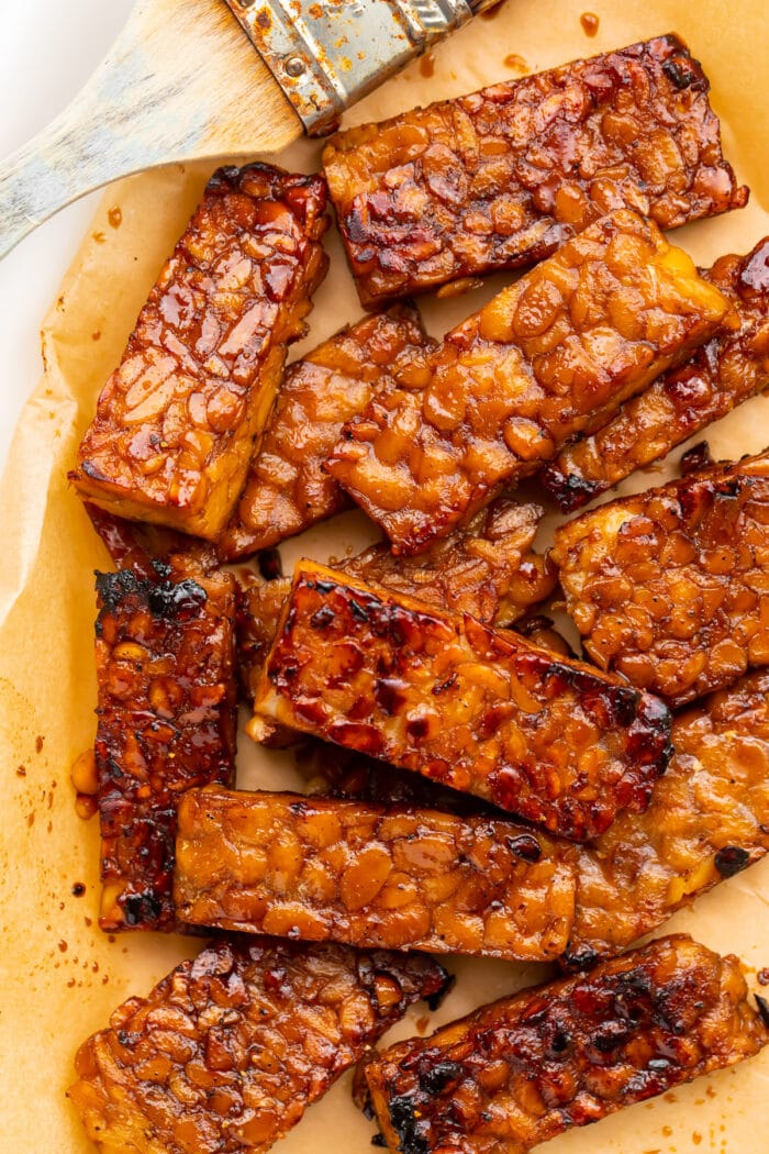 Tempeh bacon on parchment paper