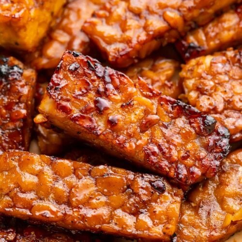 Tempeh bacon strips close-up