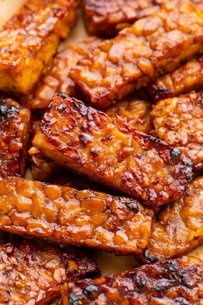 Tempeh bacon strips close-up