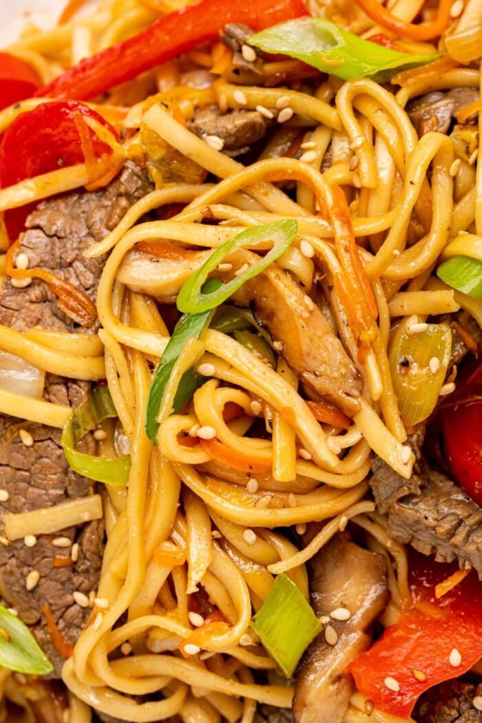 close up image of beef lo mein with green onion and sesame seeds