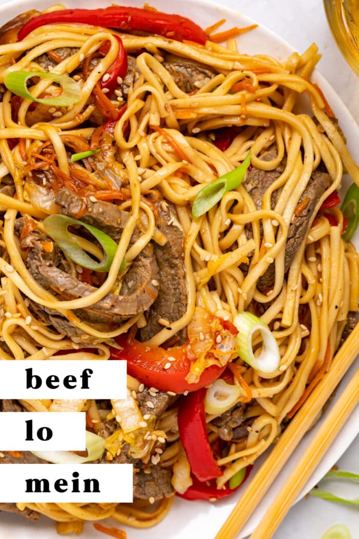 Pin graphic for beef lo mein