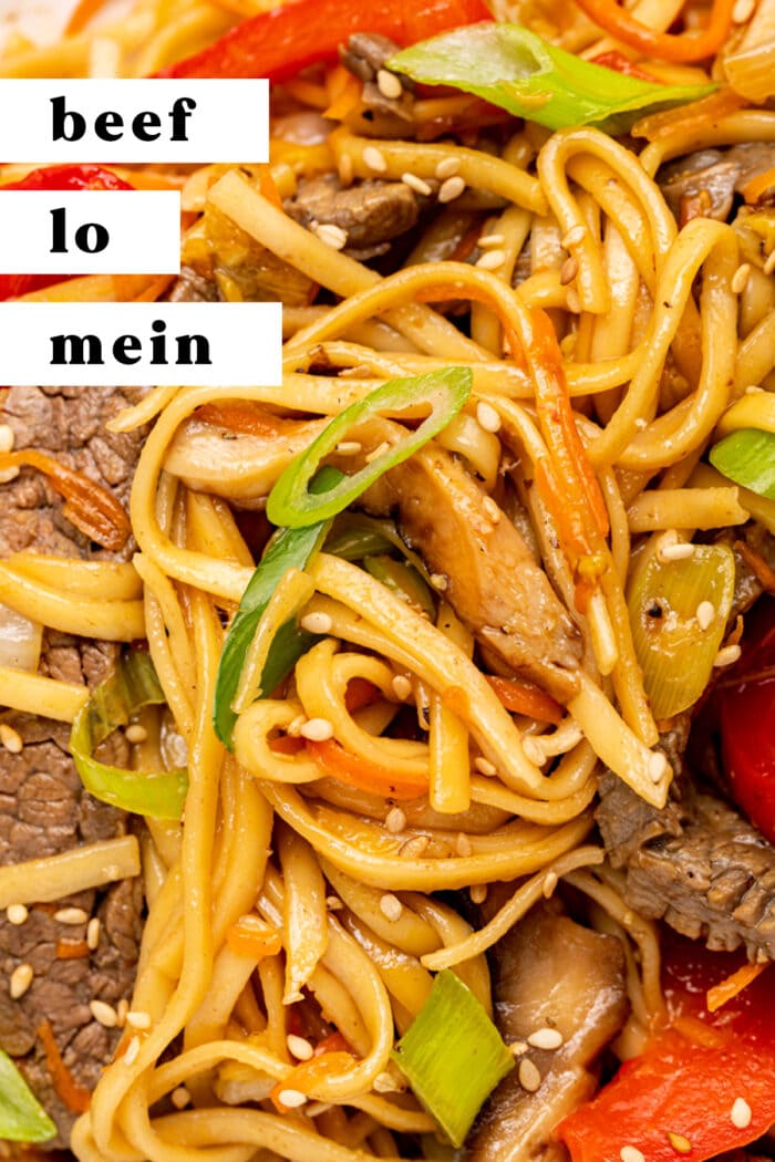 Pin graphic for beef lo mein