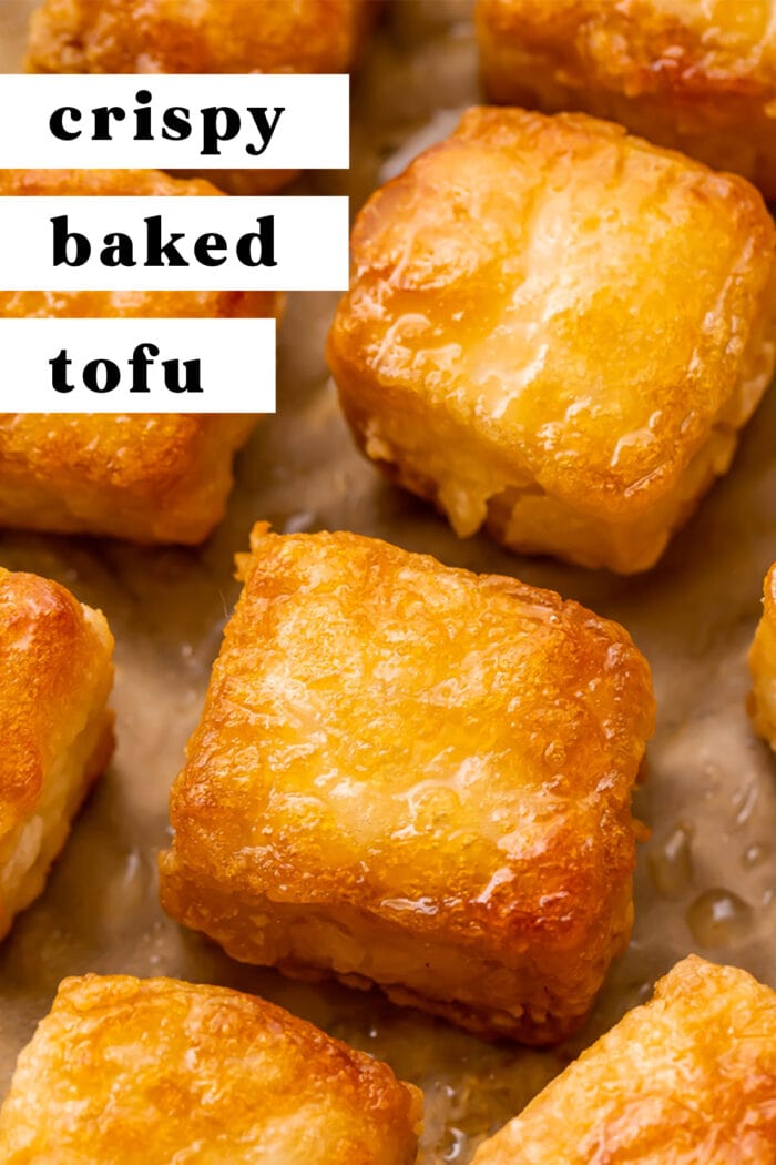 Pin graphic for crispy baked tofu