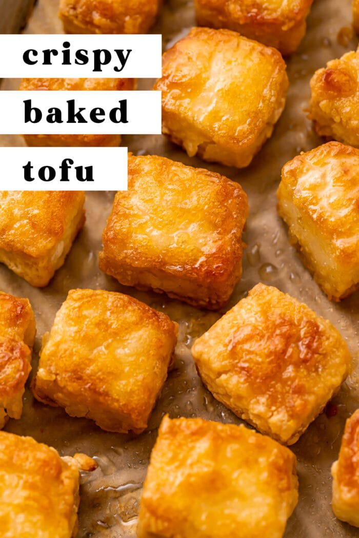 Pin graphic for crispy baked tofu