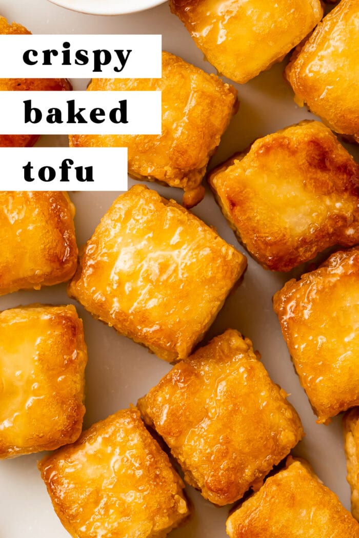 Pin graphic for crispy baked tofu