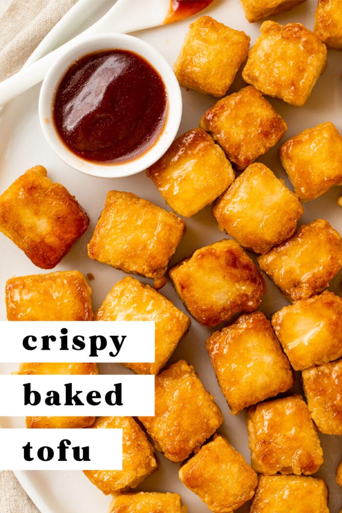 Pin graphic for crispy baked tofu