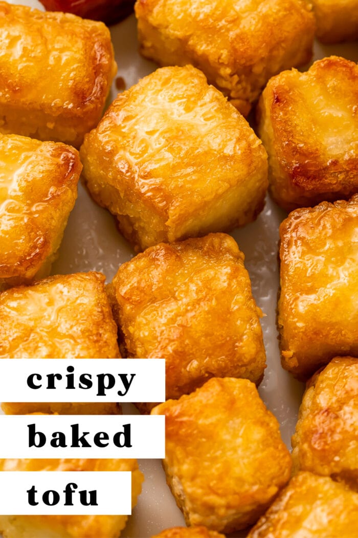 Pin graphic for crispy baked tofu