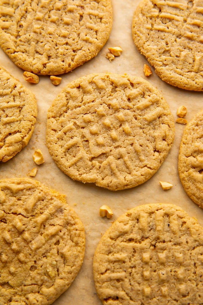 Overhead view of gluten free peanut butter cookies on parchment paper