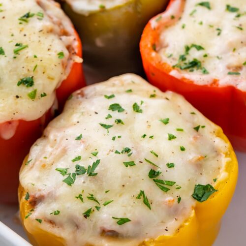 Instant pot stuffed peppers in aa white serving tray