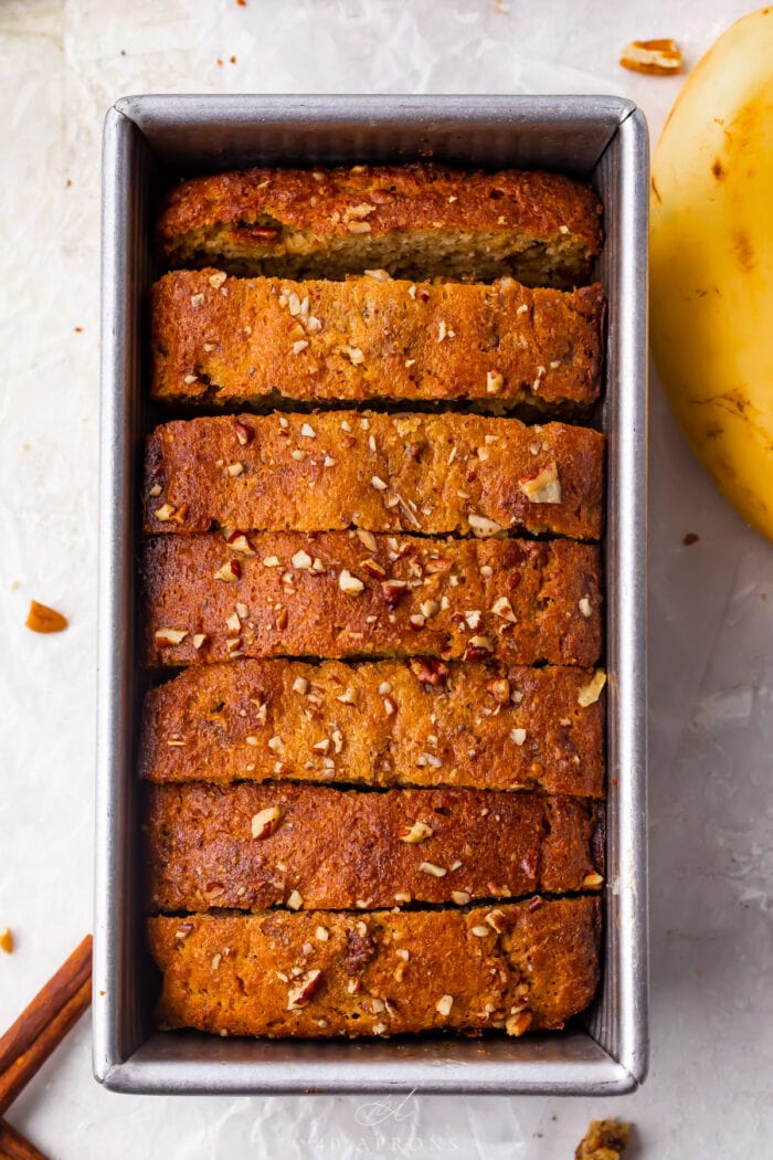 Keto banana bread slices in a loaf pan