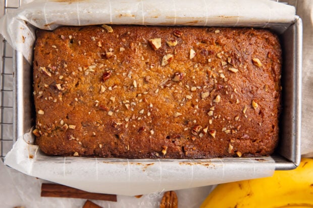 Baked keto banana bread in loaf pan