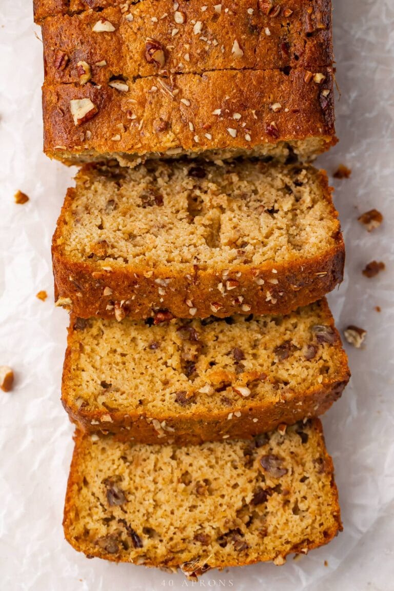 Overhead photo of a keto banana bread loaf, sliced