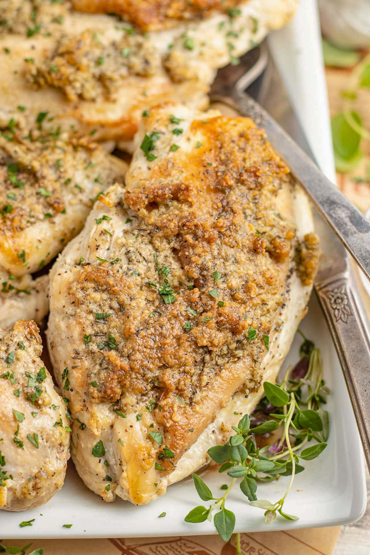 Copycat chicken savoy on a white serving tray.