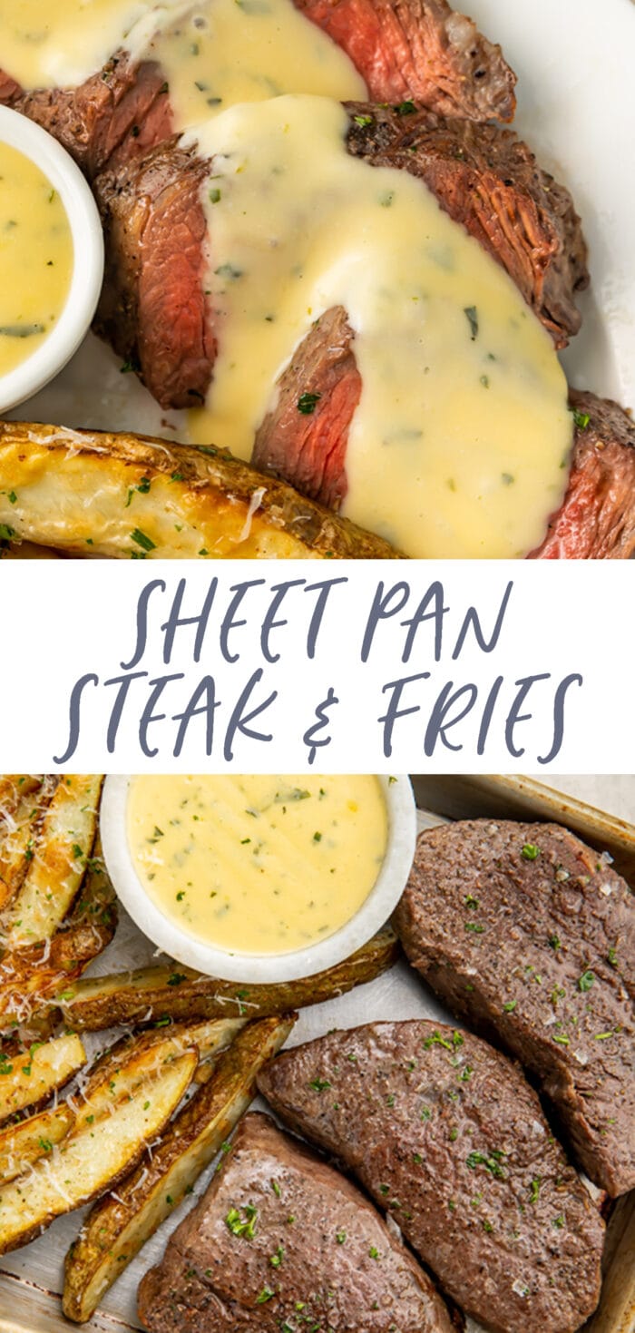 Pin graphic for sheet pan steak and fries